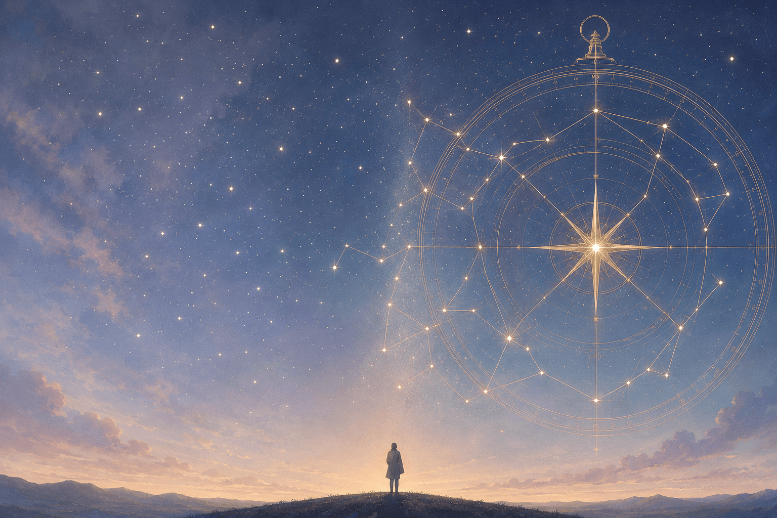 A figure stands on a hill at dusk, looking up at a luminous constellation connected like a structured project graph