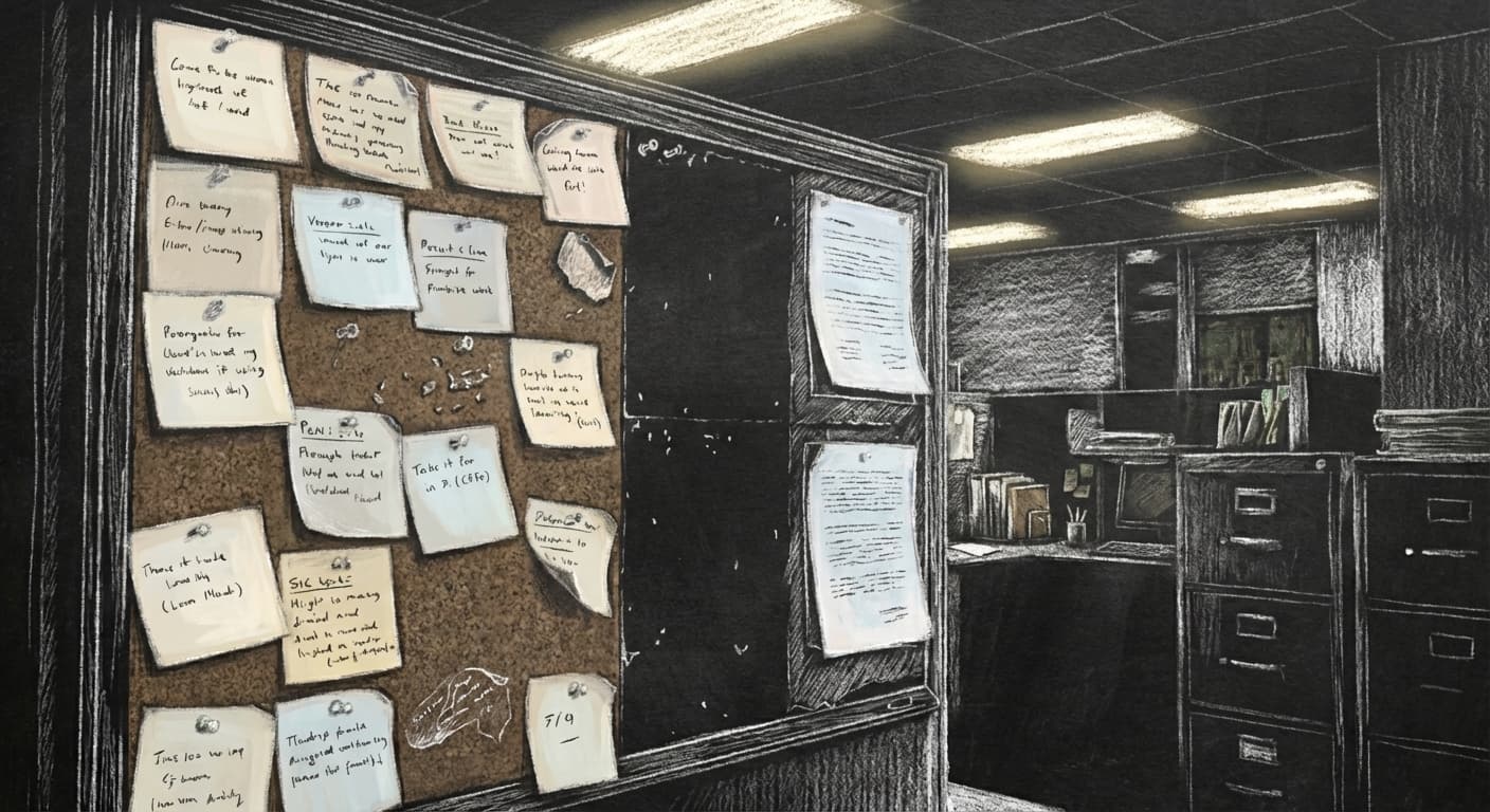 A worn cork board with scattered sticky notes in a dim office — context that was pinned up weeks ago and silently went stale