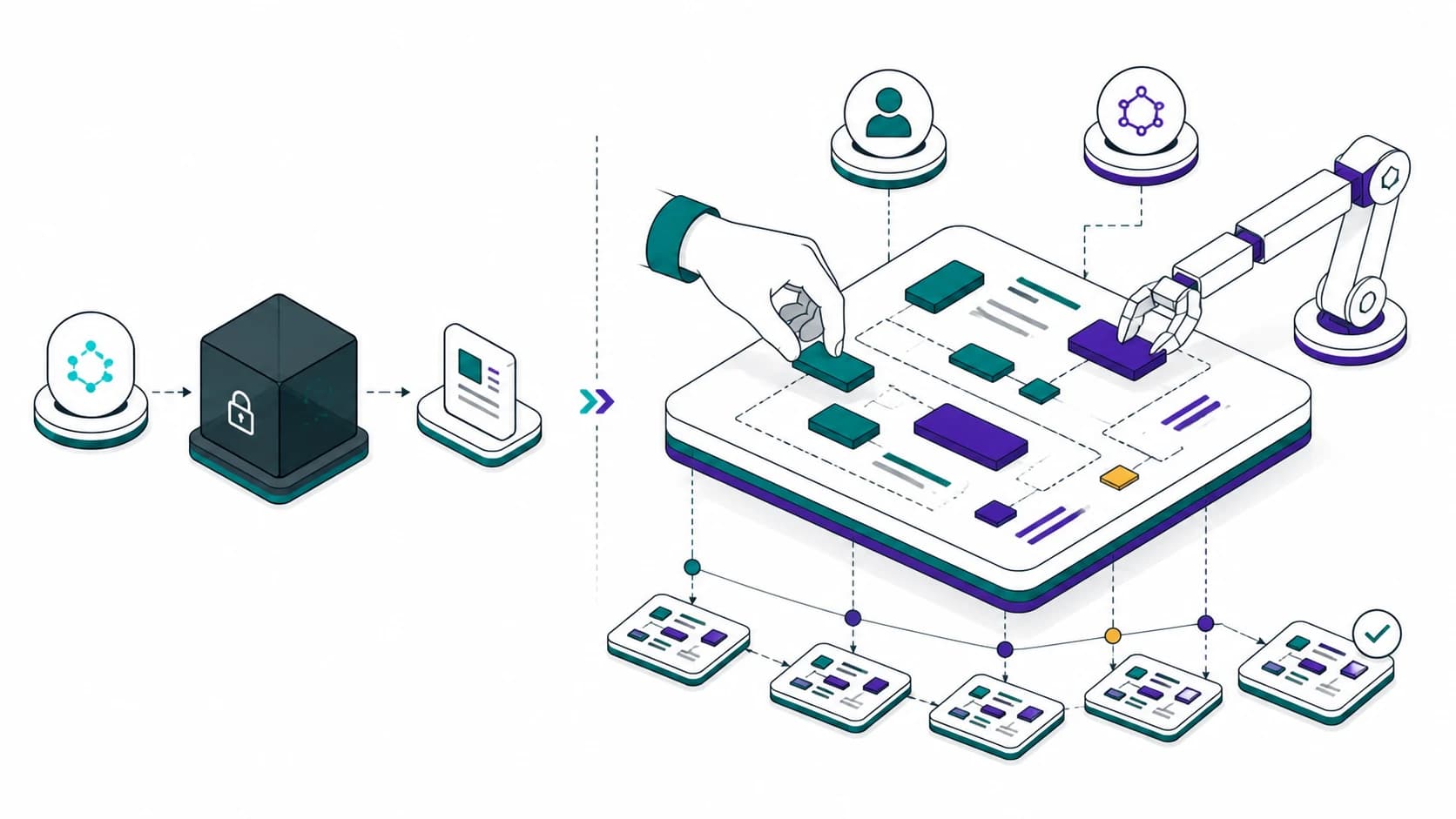 Isometric illustration of a human hand and an AI arm jointly editing an open, versioned work artifact beside a closed black-box workflow