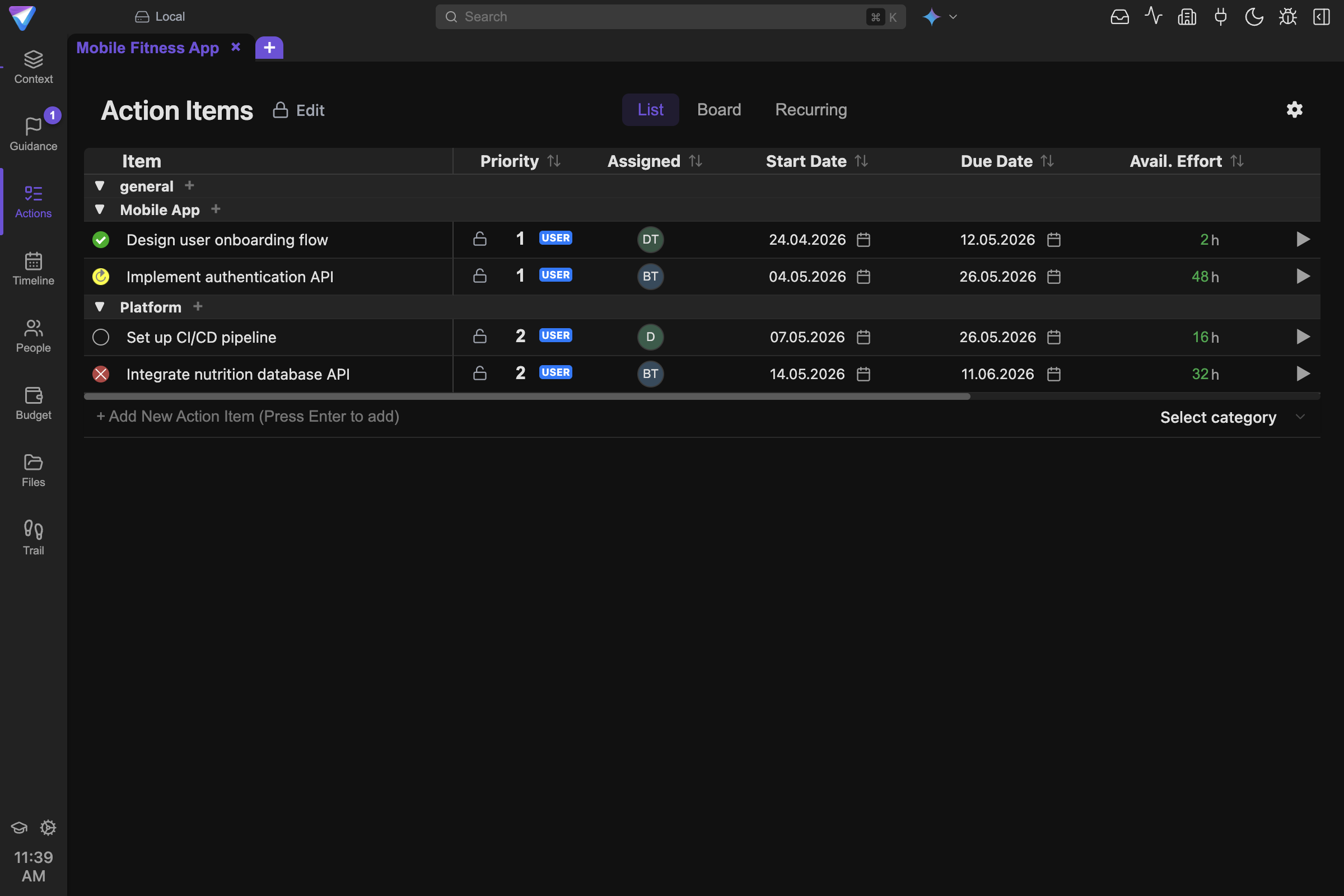 Screenshot of the TensorPM Action Items list.