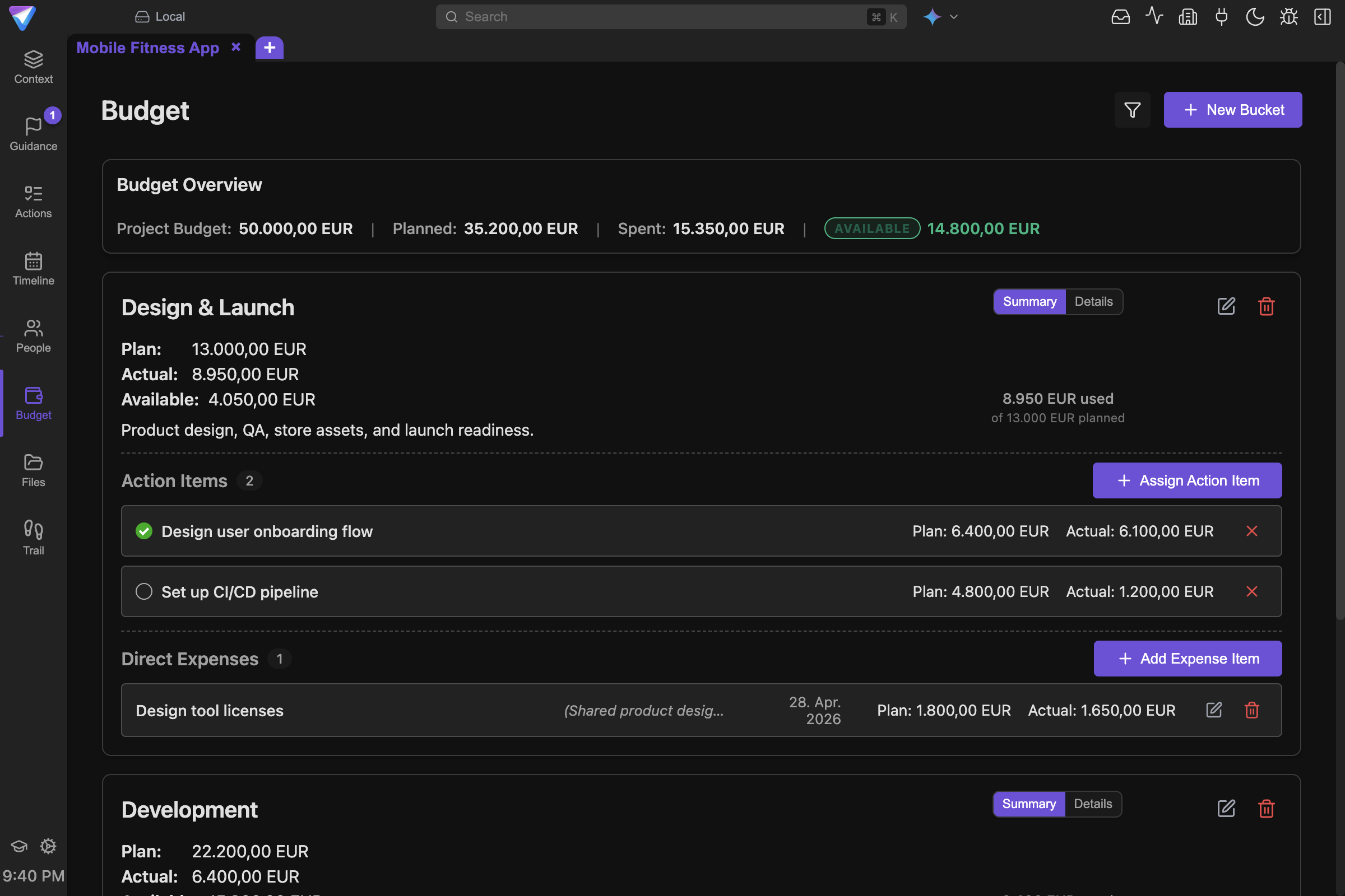 Screenshot of the TensorPM Budget view.