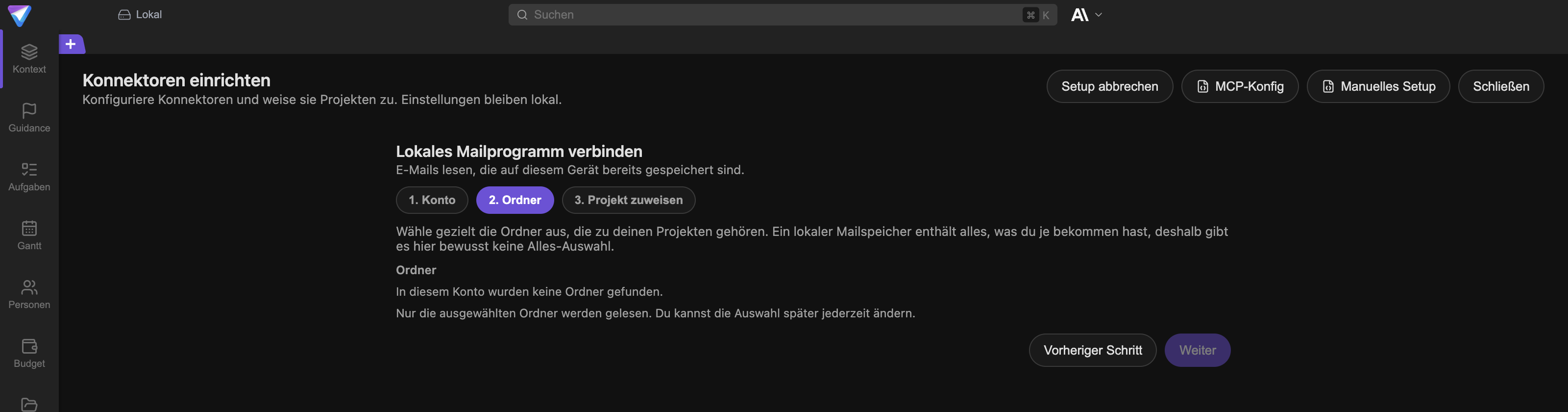 Schritt 2. Ordner beim lokalen E-Mail-Konnektor mit dem Hinweis, dass es bewusst keine Alles-Auswahl gibt.