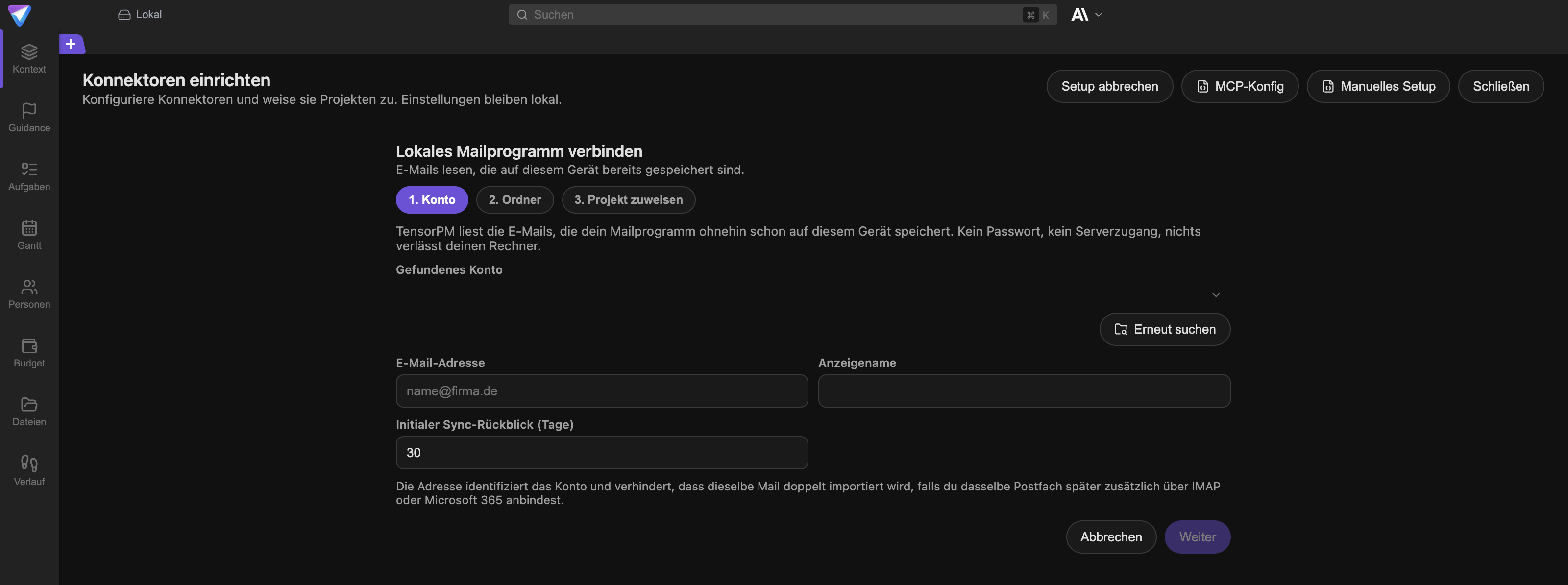 Schritt 1. Konto beim lokalen E-Mail-Konnektor mit Kontoauswahl, E-Mail-Adresse, Anzeigename und Sync-Rückblick.