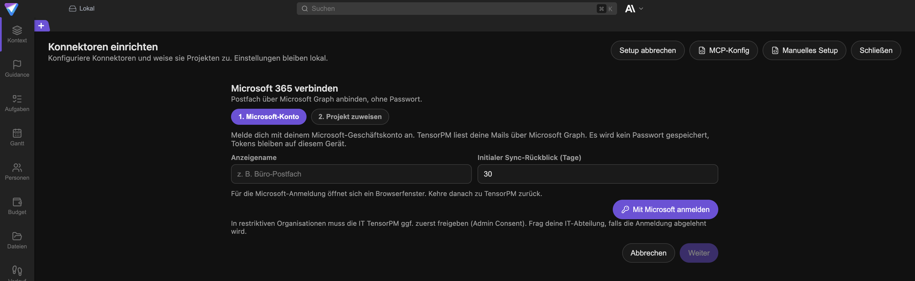 Schritt 1. Microsoft-Konto mit Anzeigename, Sync-Rückblick, dem Button Mit Microsoft anmelden und dem Hinweis zum Admin Consent.