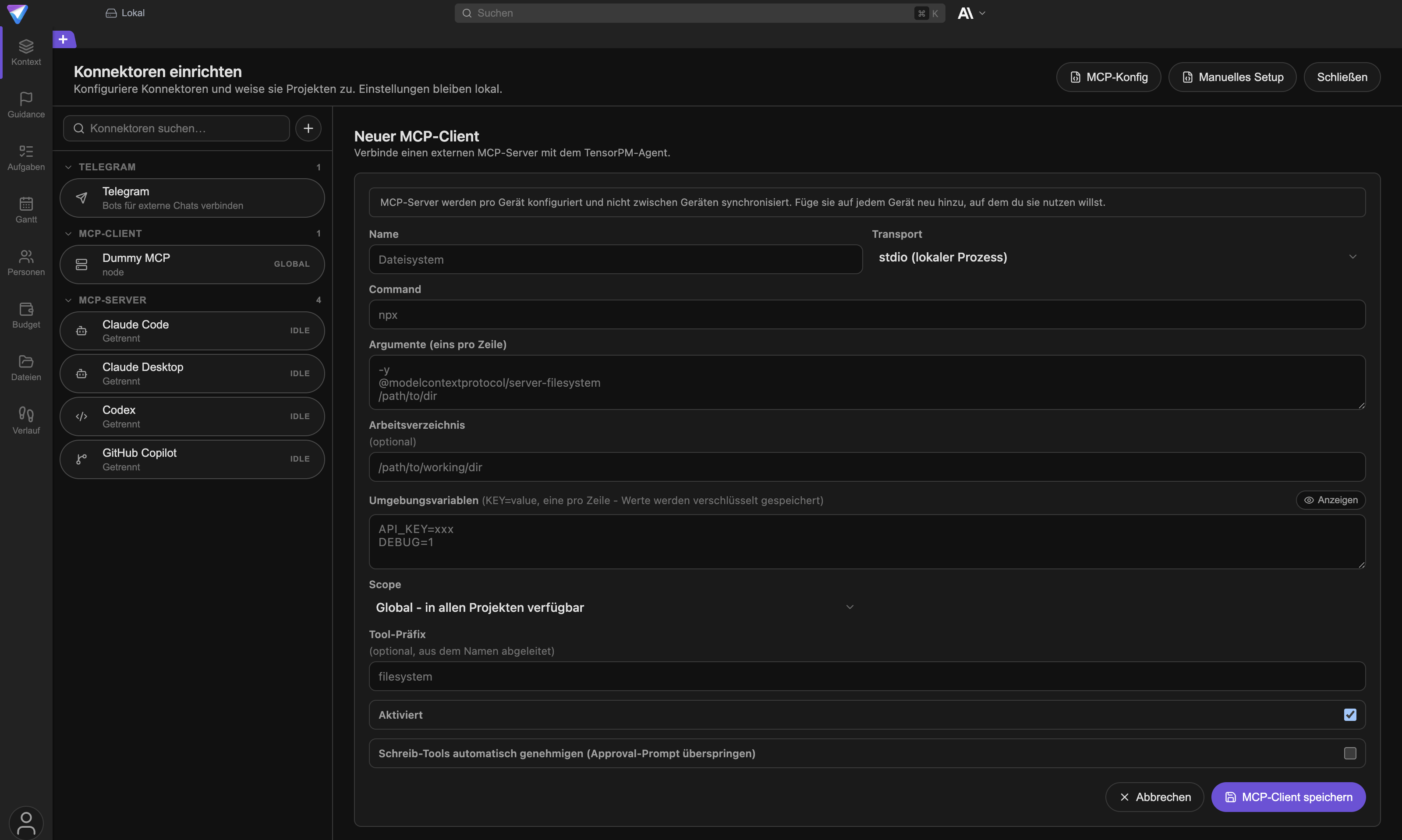 Das Formular Neuer MCP-Client mit Name, Transport, Command, Argumenten, Umgebungsvariablen, Scope, Tool-Präfix und den beiden Schaltern am Ende.