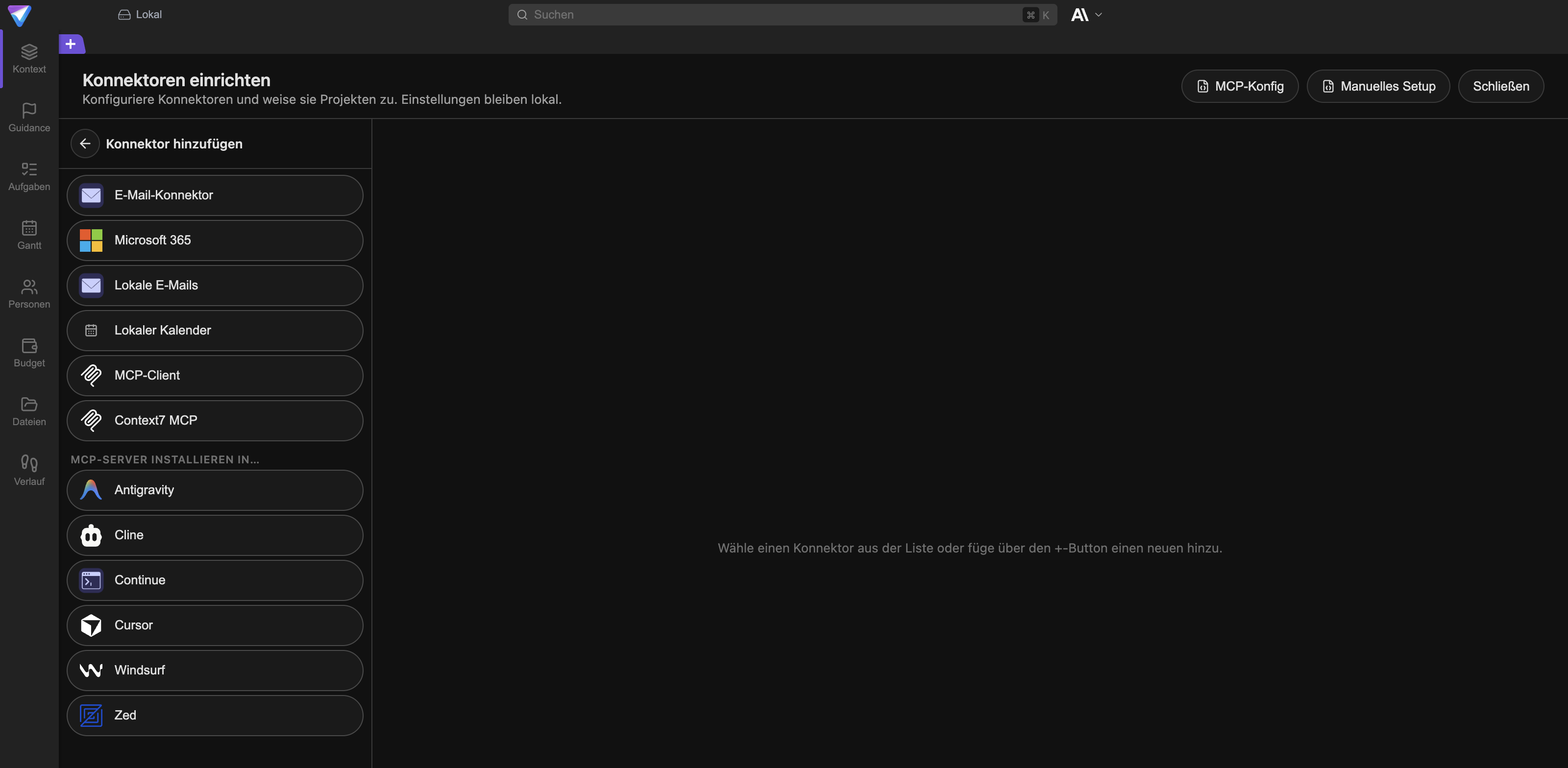 Die Liste Konnektor hinzufügen mit den Einträgen E-Mail-Konnektor, Microsoft 365, Lokale E-Mails, Lokaler Kalender, MCP-Client, Context7 MCP und darunter der Abschnitt für die Installation des MCP-Servers in anderen Programmen.
