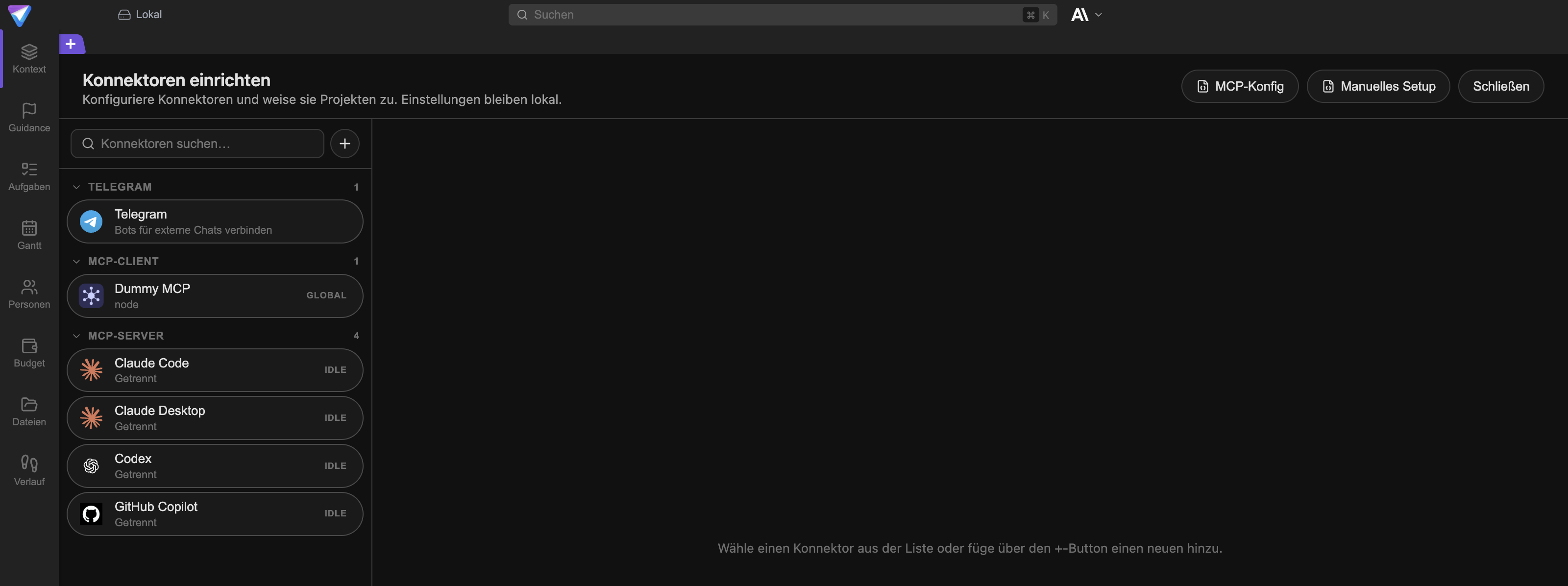 Das Panel Konnektoren einrichten mit der Konnektorliste links, Abschnitten wie Telegram, MCP-Client und MCP-Server sowie Status-Badges.