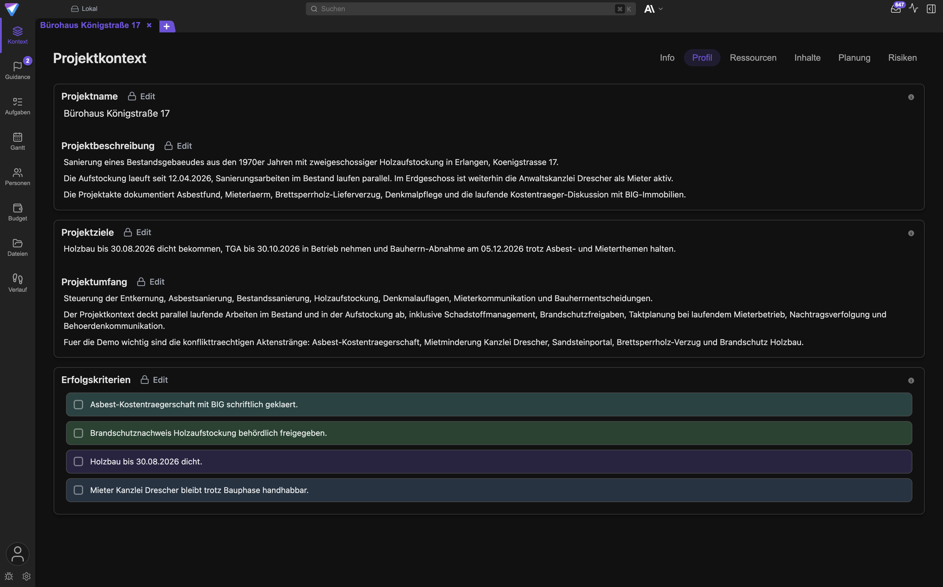 Der Tab Profil im Projektkontext zeigt Ziel, Umfang und Erfolgskriterien so, wie die KI sie vorgeschlagen hat.