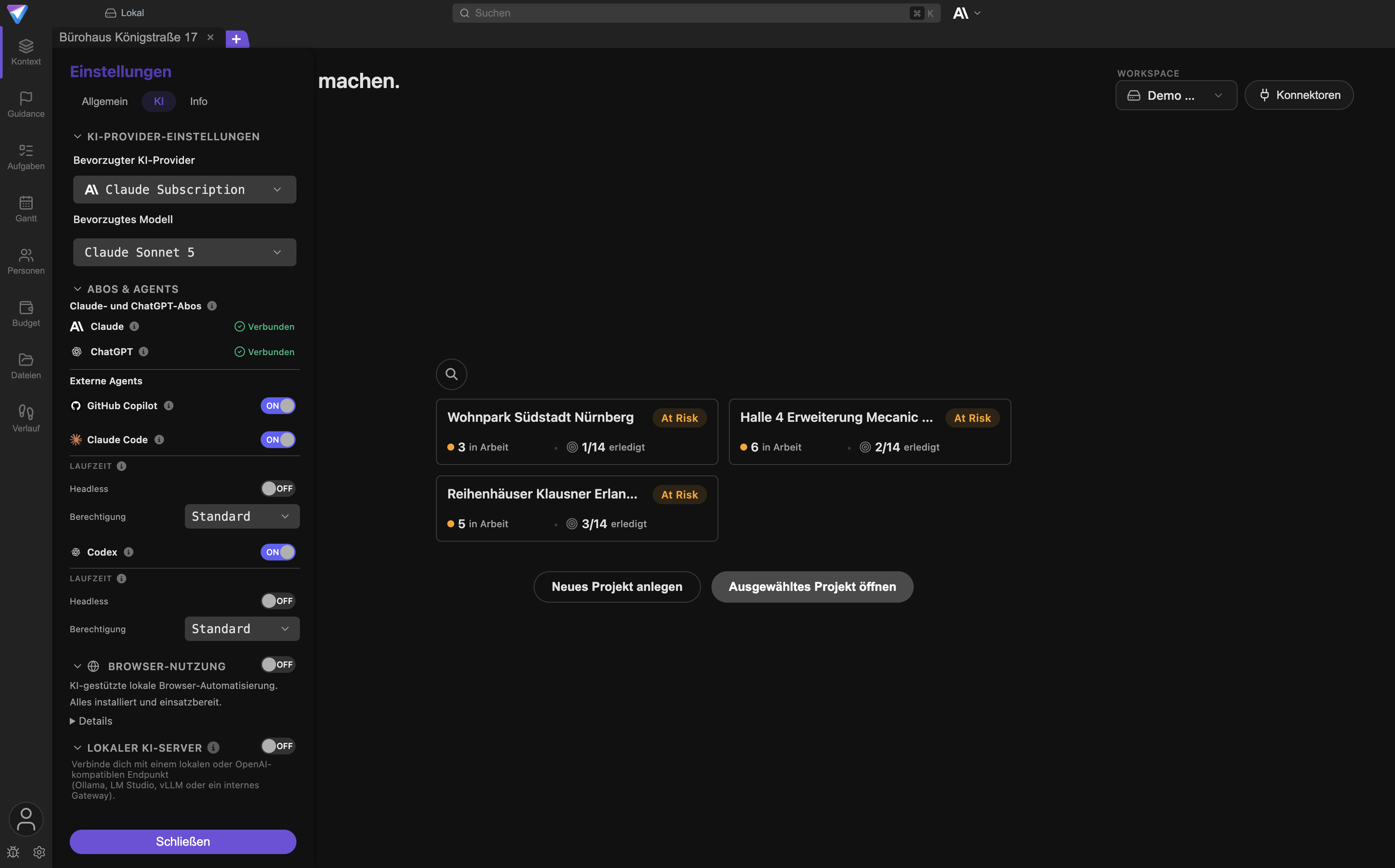 Der Tab Allgemein der Einstellungen. In der Gruppe KI liegt der Schalter Proaktive Projekt-Check-ins.