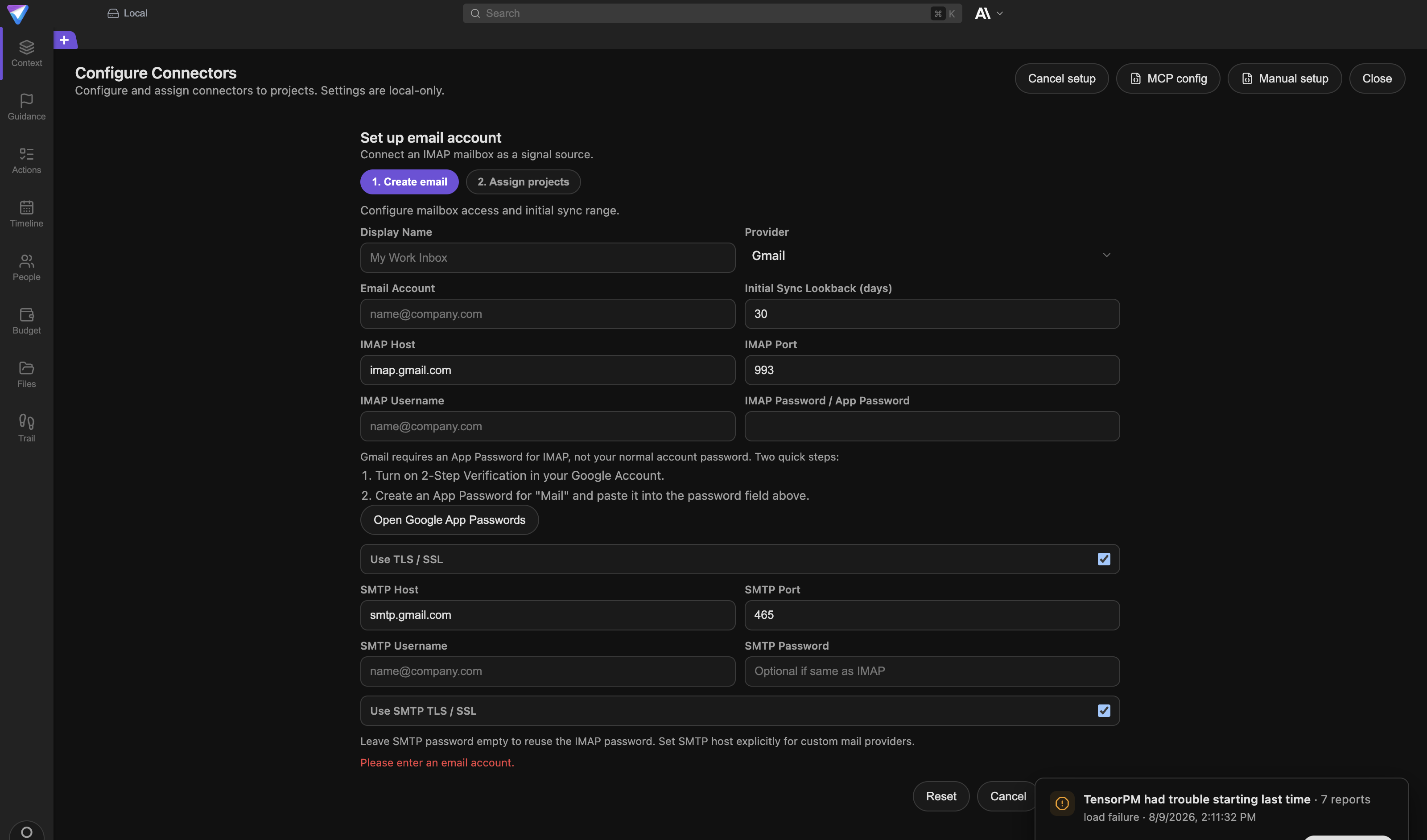 The same form with the complete SMTP block and the red hint line pointing out the missing email account.