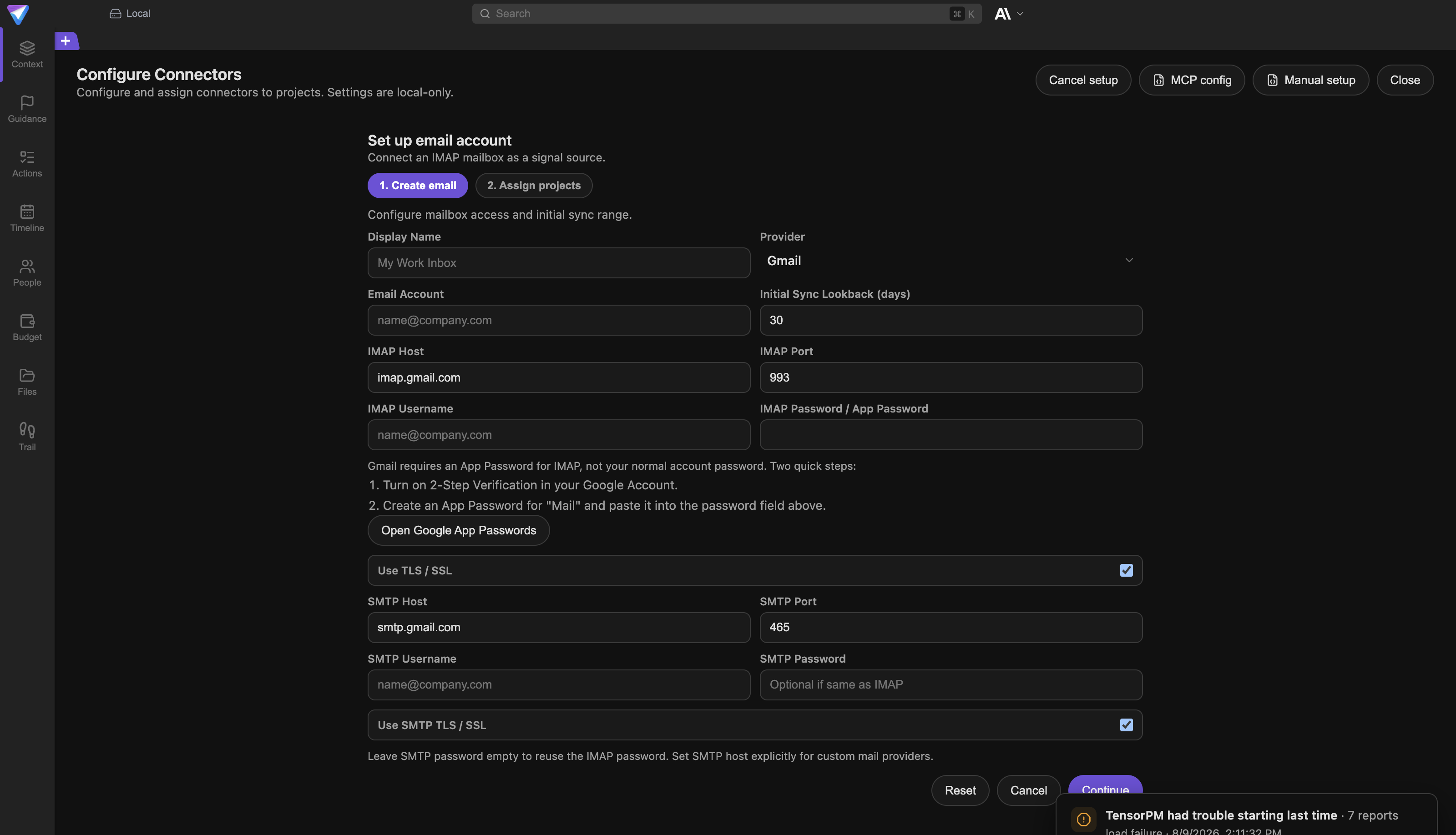 Step 1. Create email with fields for display name, provider, account, sync lookback, IMAP access, and the SMTP block below.