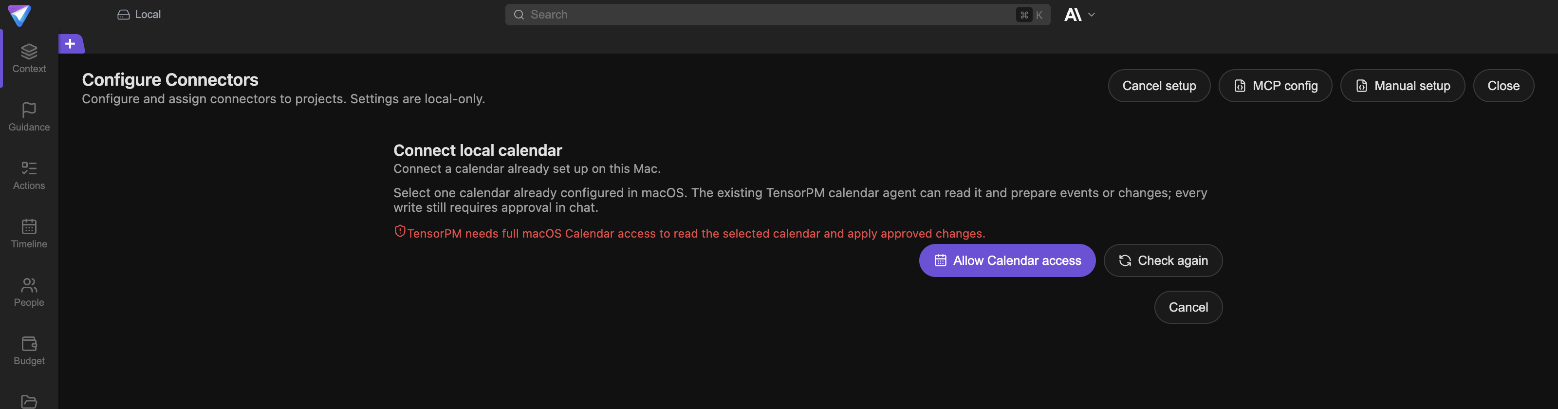 The Local calendar setup screen with the note about missing macOS calendar access and the Allow Calendar access and Check again buttons.
