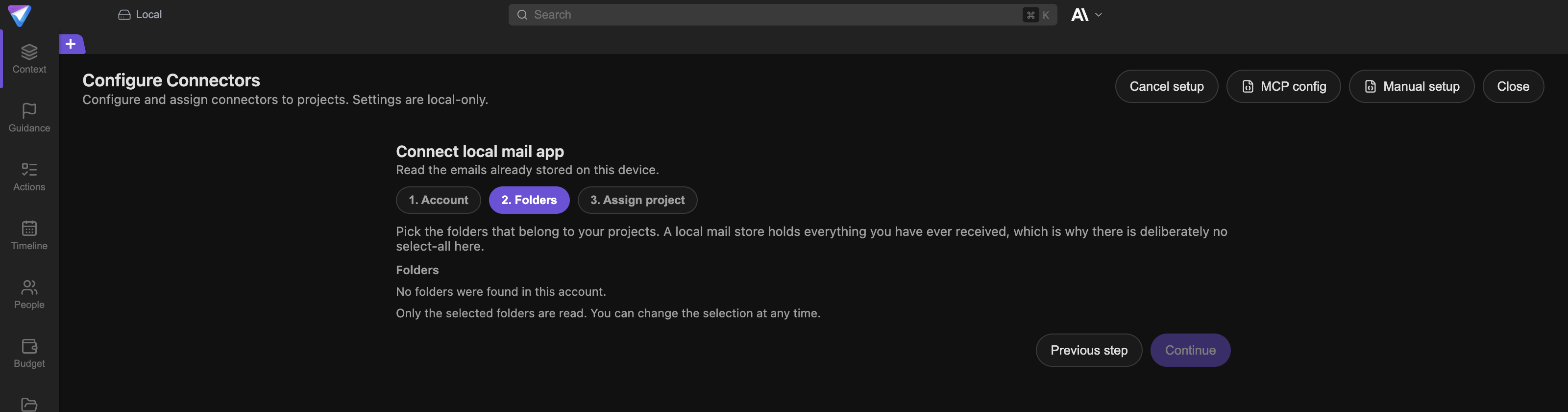 Step 2. Folders of the local email connector with the note that there is deliberately no select-all option.