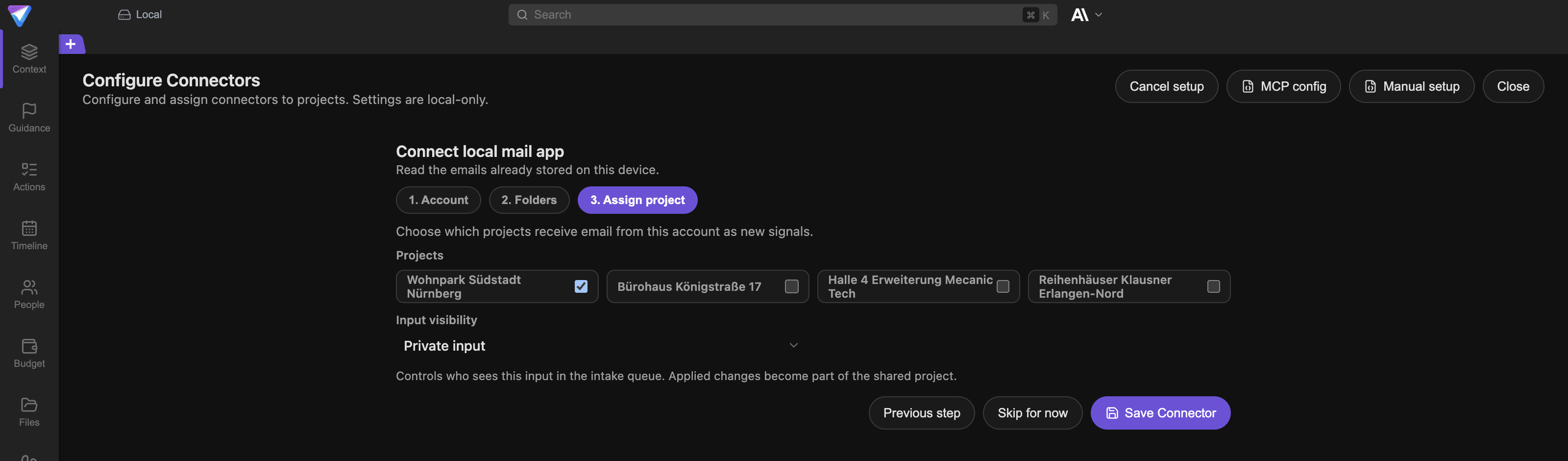 Step 3. Assign project with project selection, the Input visibility setting, and the Save Connector button.
