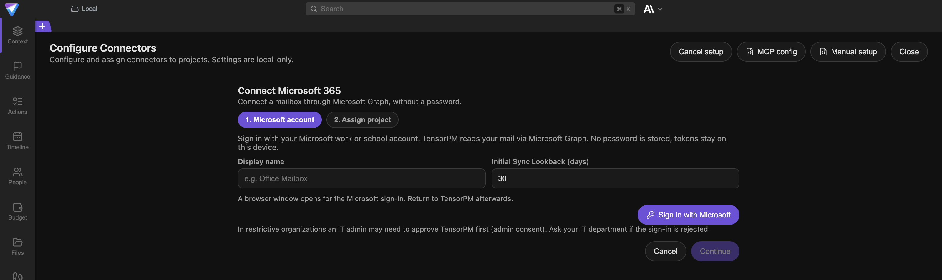 Step 1. Microsoft account with display name, sync lookback, the Sign in with Microsoft button, and the note about admin consent.