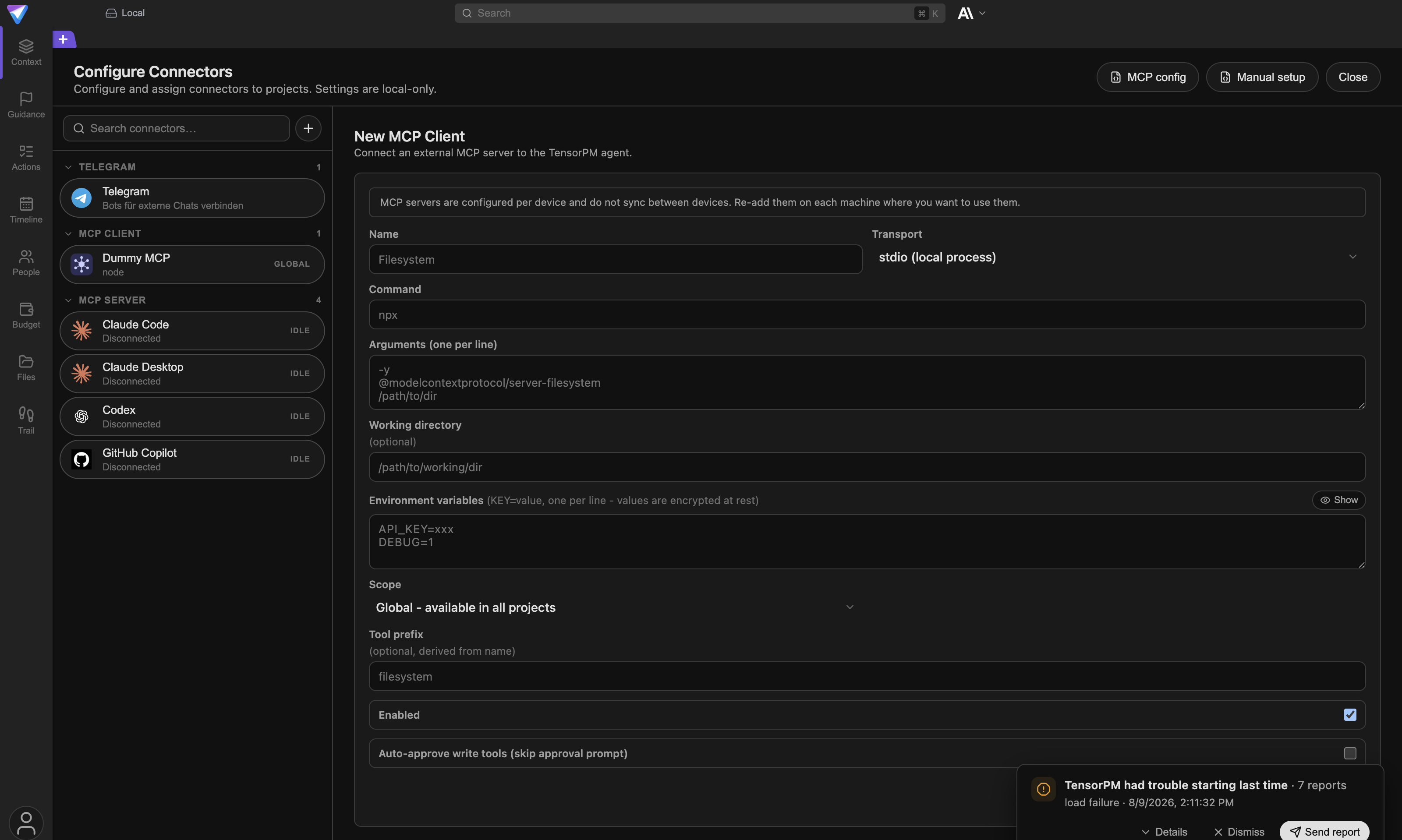 The New MCP Client form with name, transport, command, arguments, environment variables, scope, tool prefix, and the two switches at the bottom.