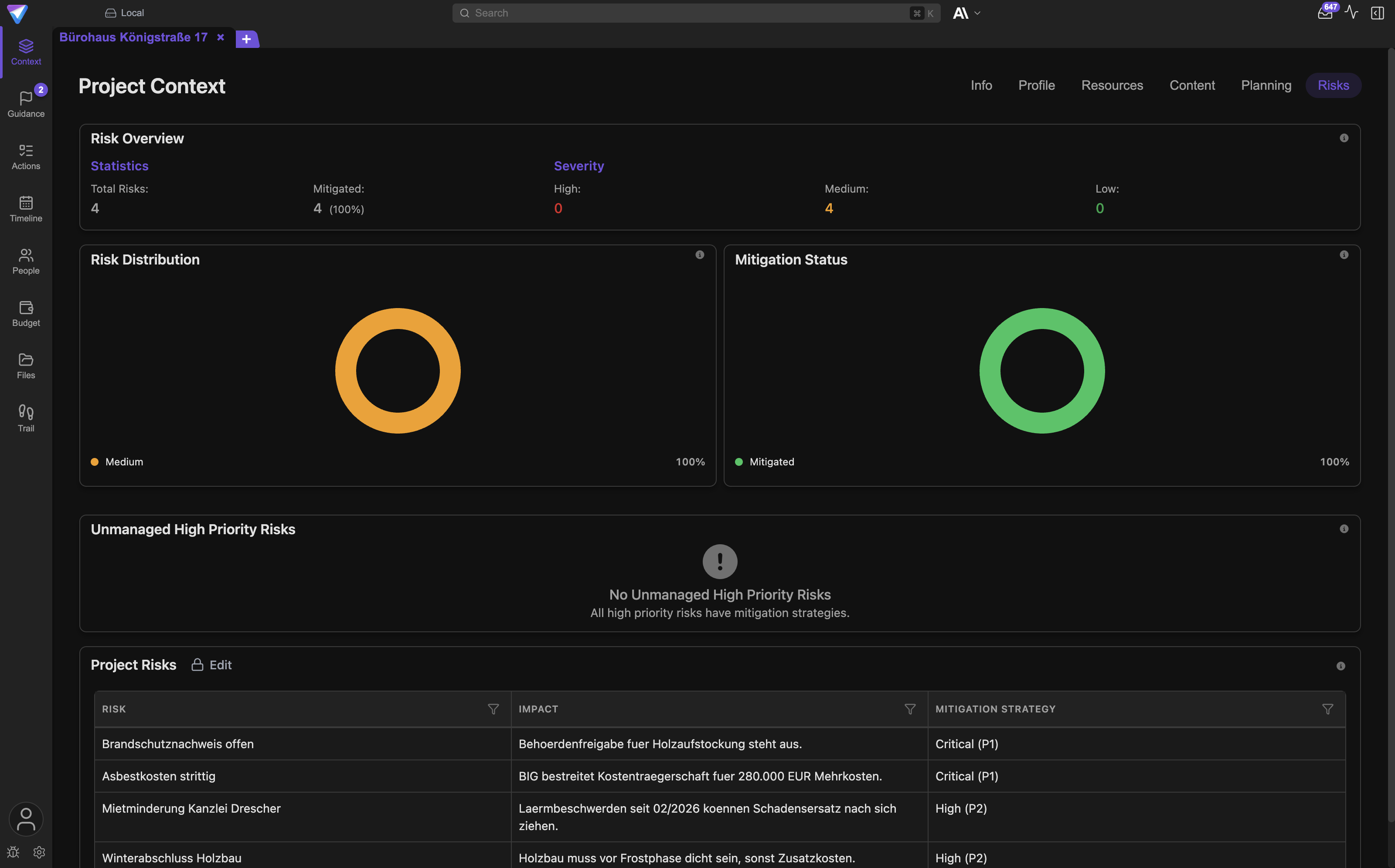 The Info sub-tab summarizes focus, bottleneck, and risk situation of the project at a glance.