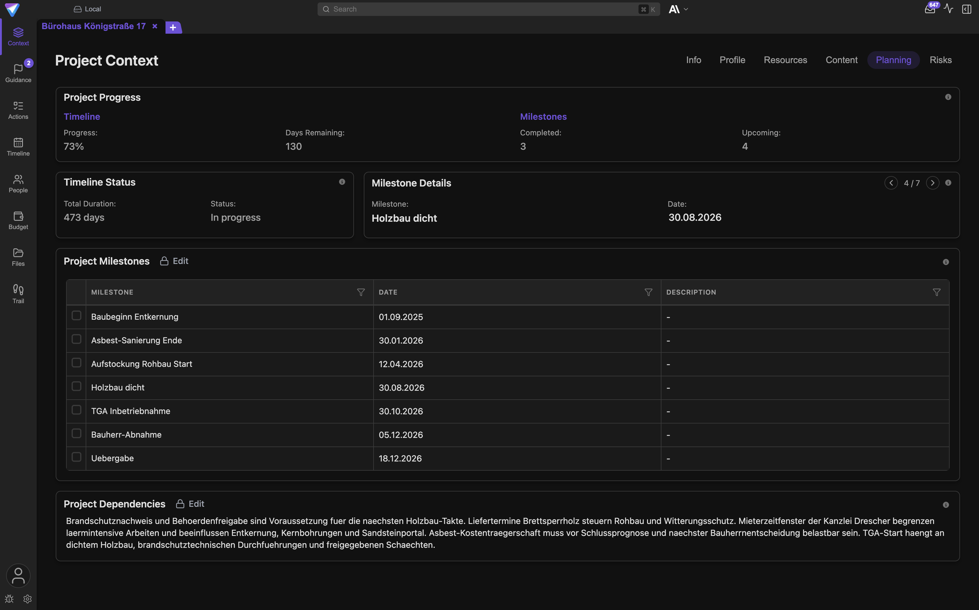 The Planning sub-tab with project progress, timeline status, and the milestones table.