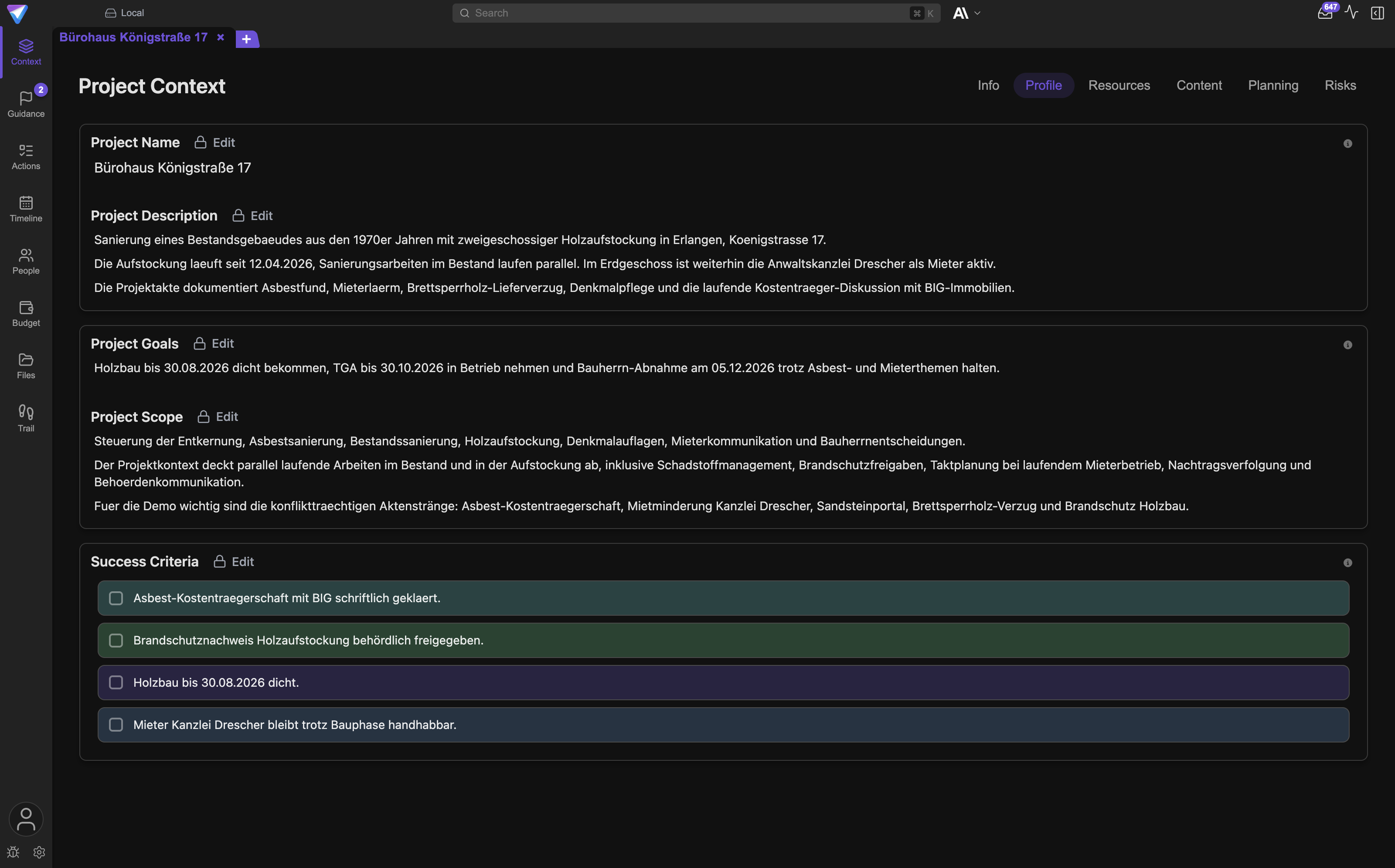 The Profile tab in Project Context shows goal, scope, and success criteria exactly as the AI proposed them.