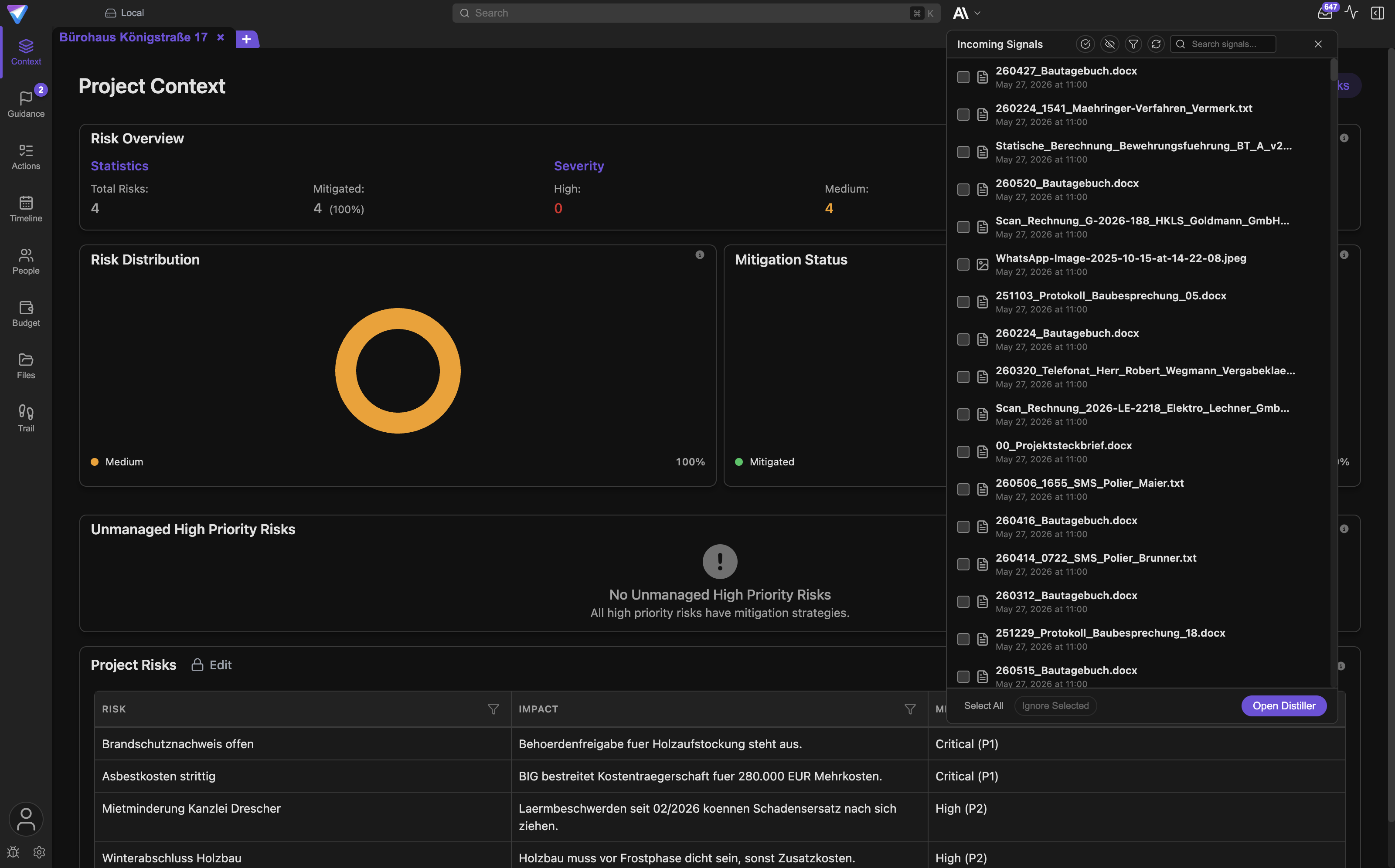 The open signals panel showing the Incoming Signals view, a list of received documents, and the Select All, Ignore Selected, and Open Distiller actions.