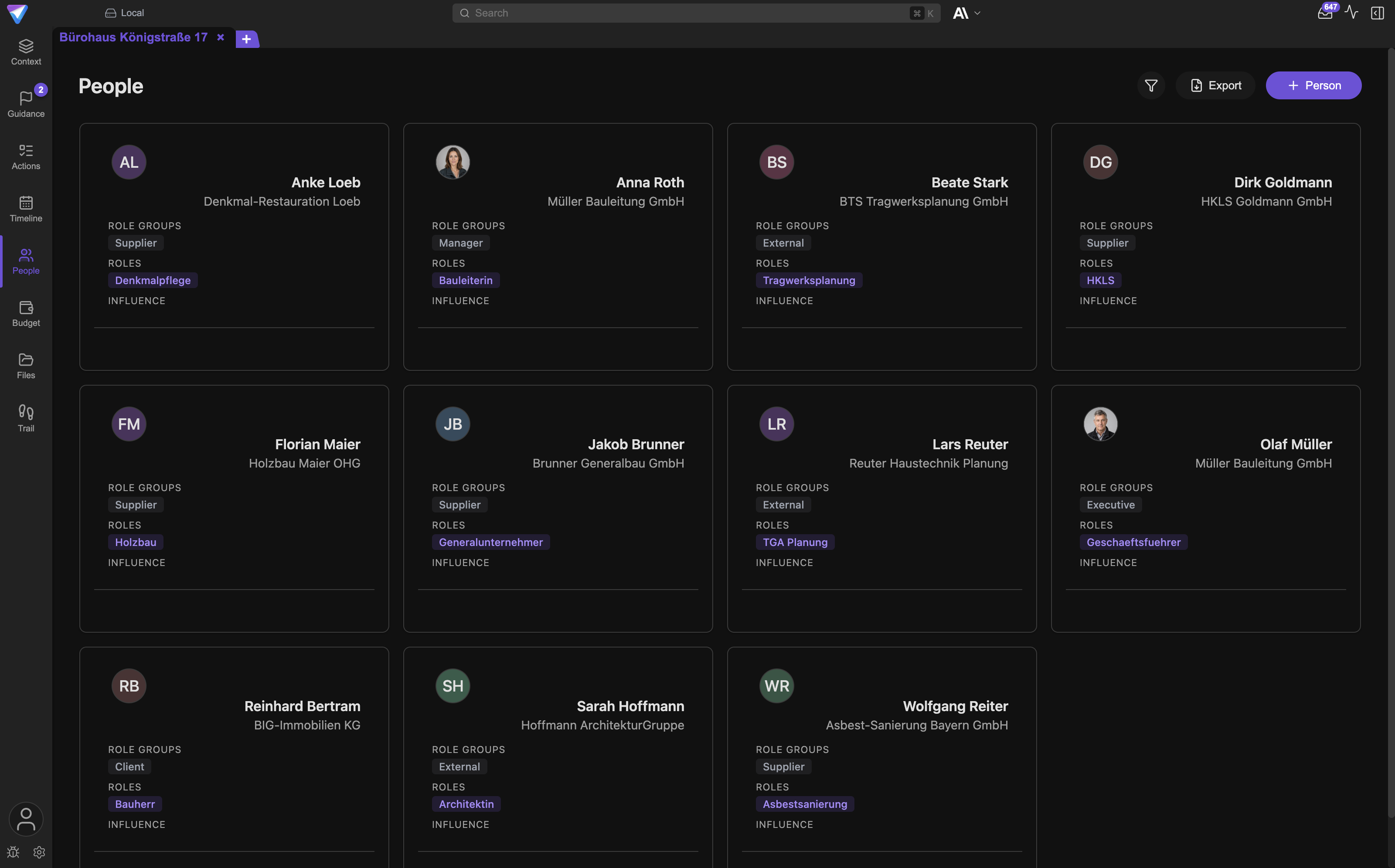 The People view shows one card per participant with organization, roles and influence.