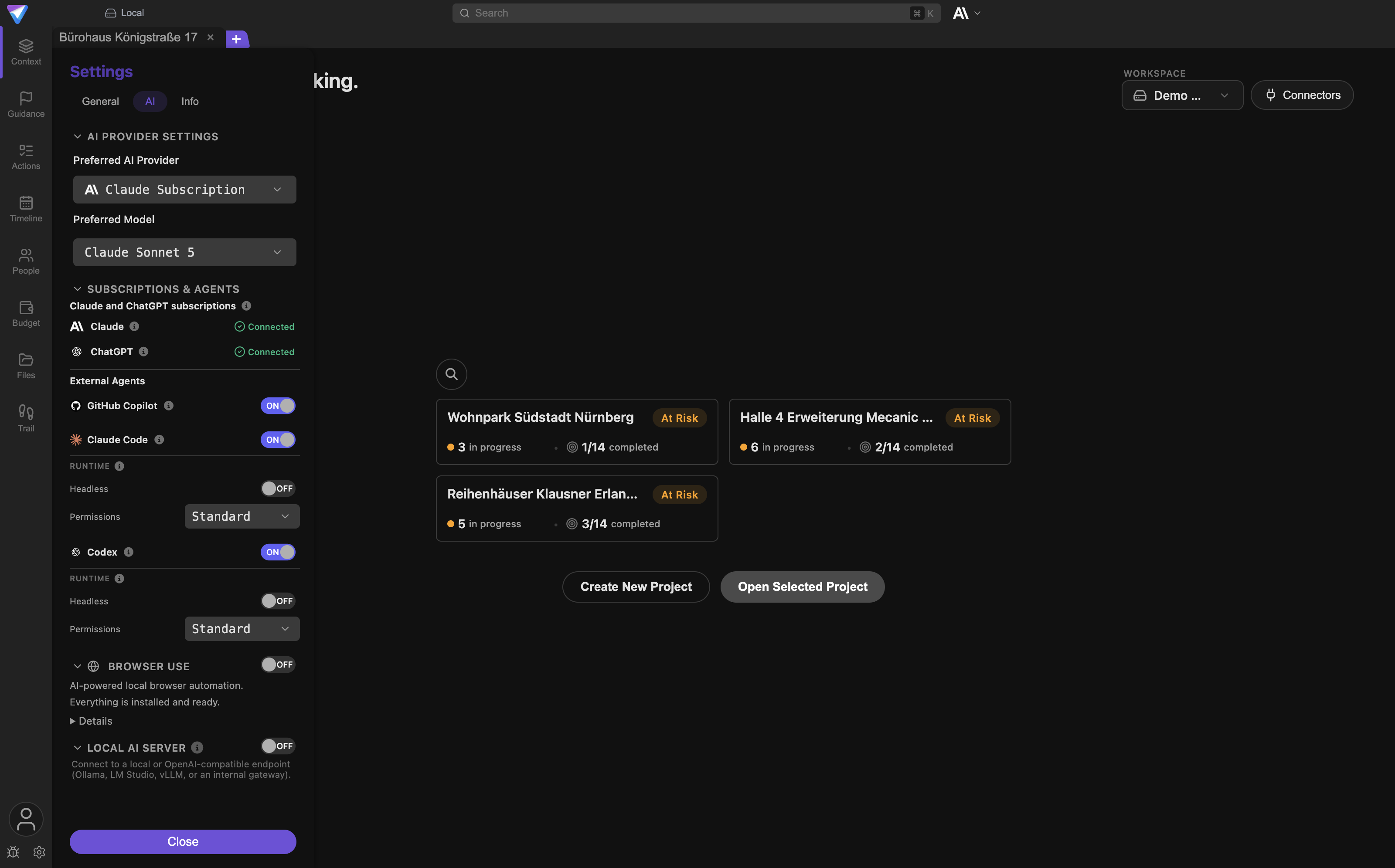 The AI tab shows the groups AI Provider Settings, Subscriptions & Agents, AI Keys with the Encryption switch, and Web Search.