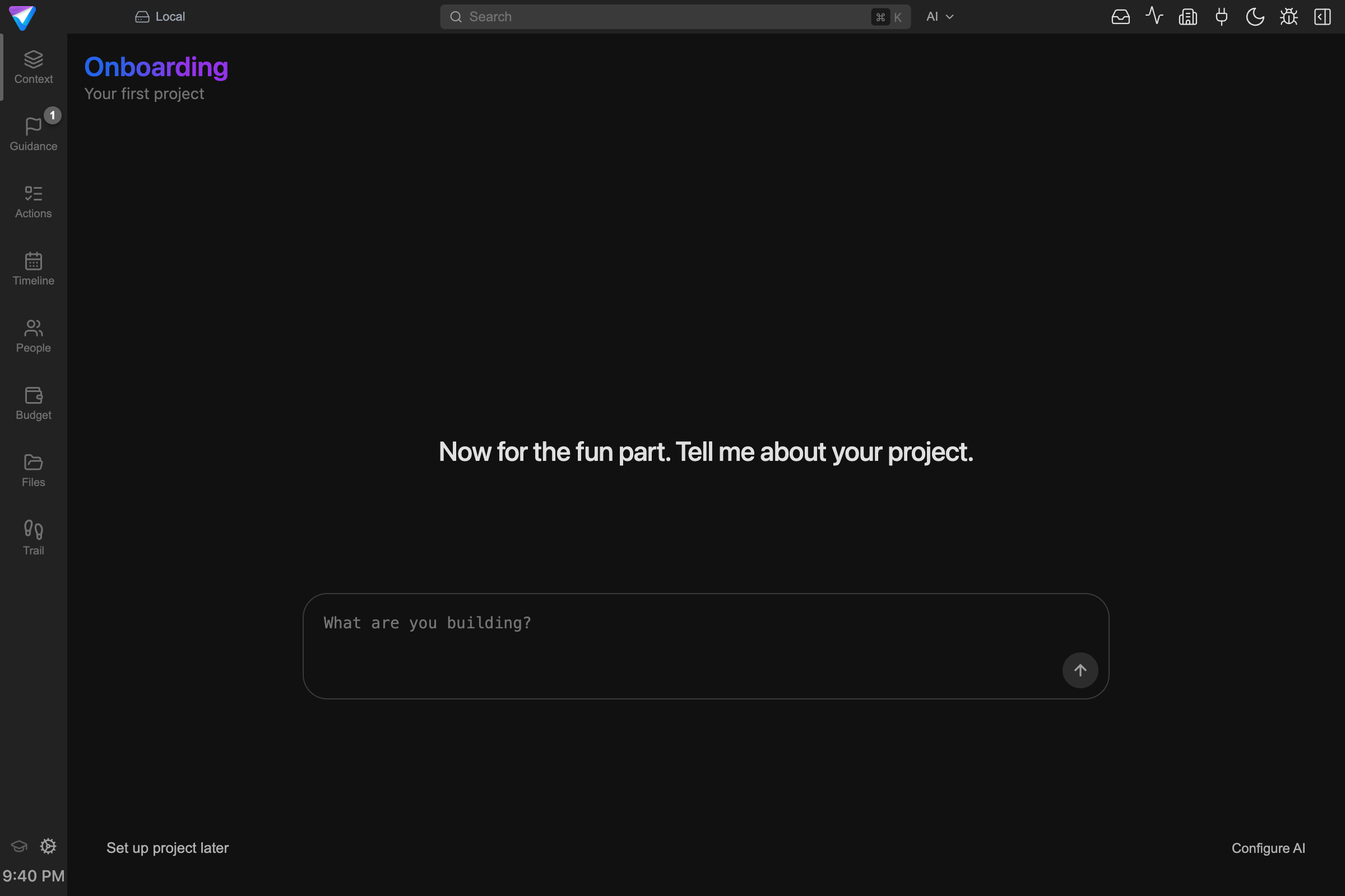 Screenshot des TensorPM-Onboardings im Projekt-Prompt-Schritt.