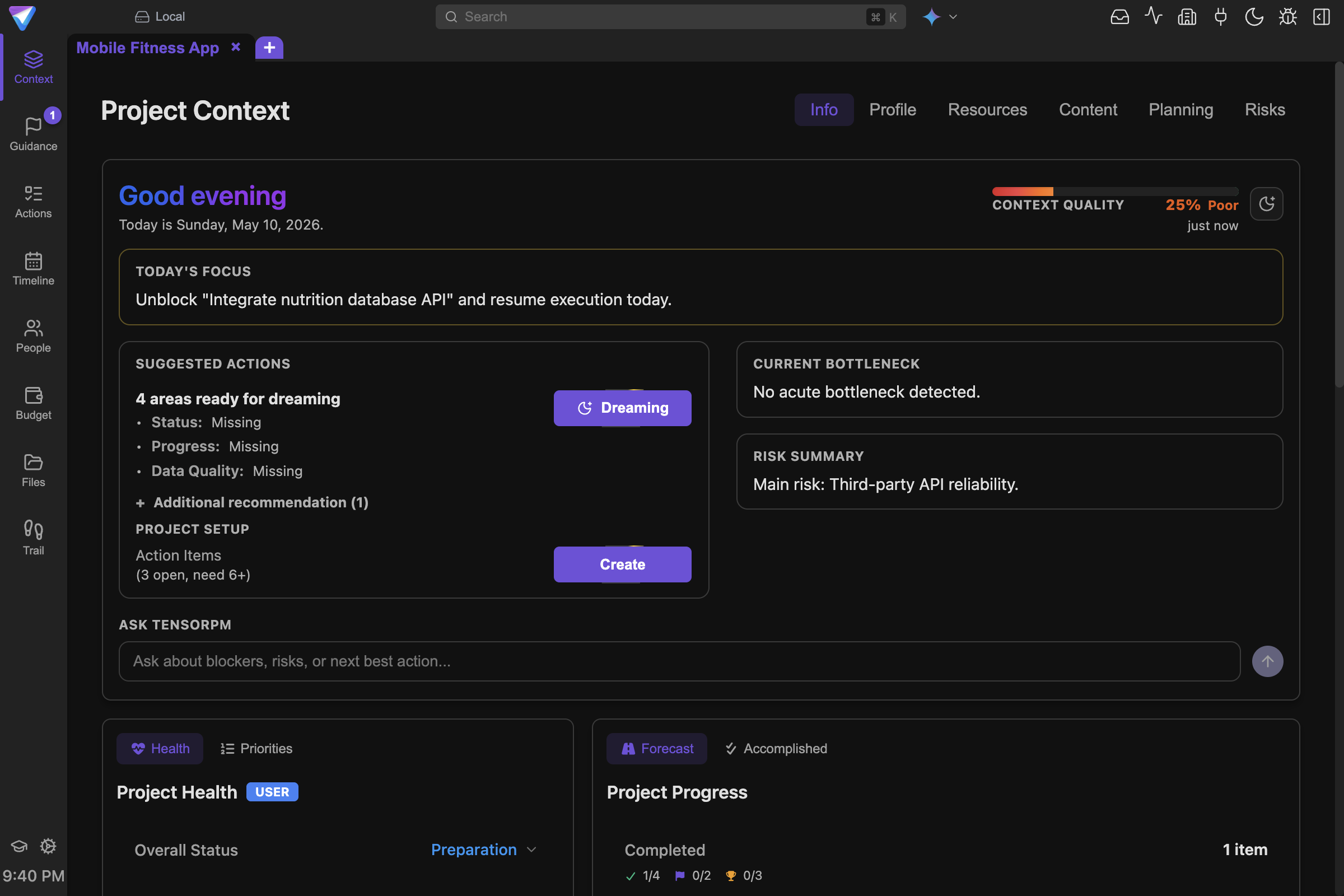 Screenshot of the TensorPM Project Context view.