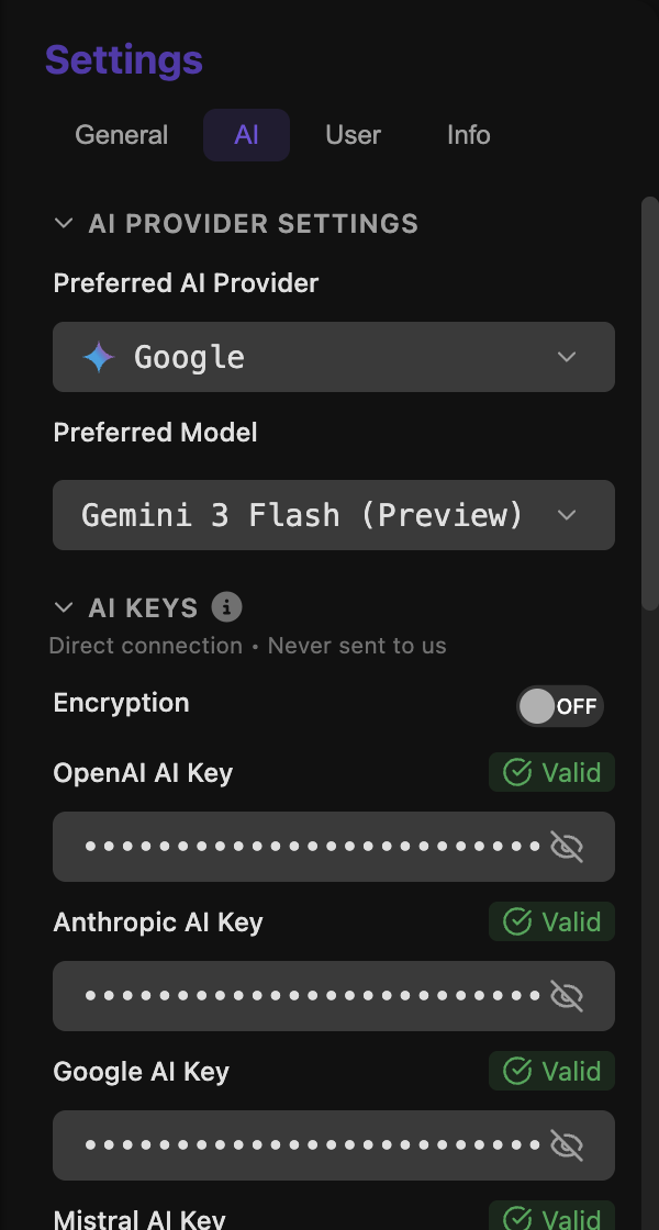 Screenshot of TensorPM AI settings.