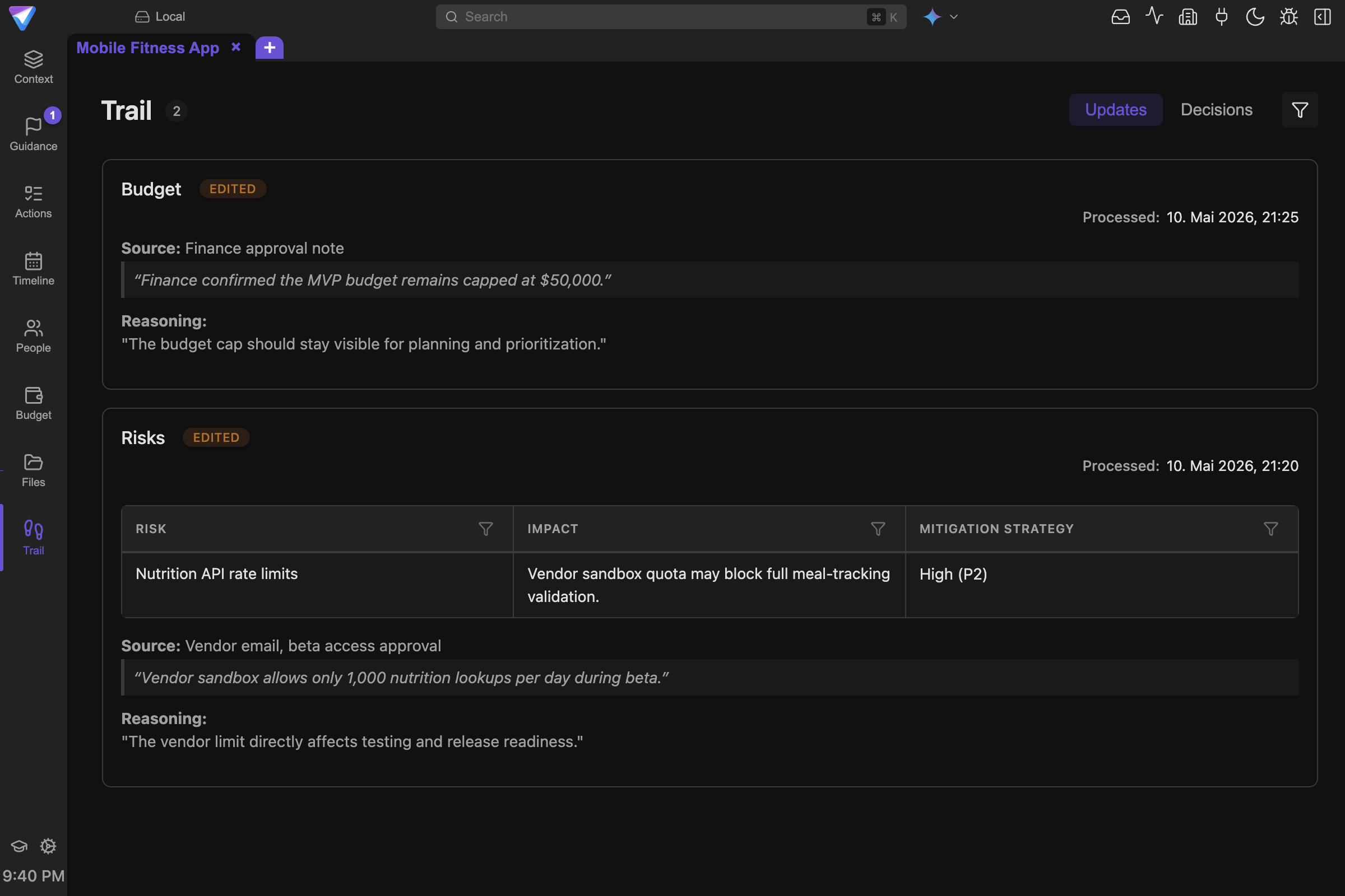 Screenshot of TensorPM Trail Updates.